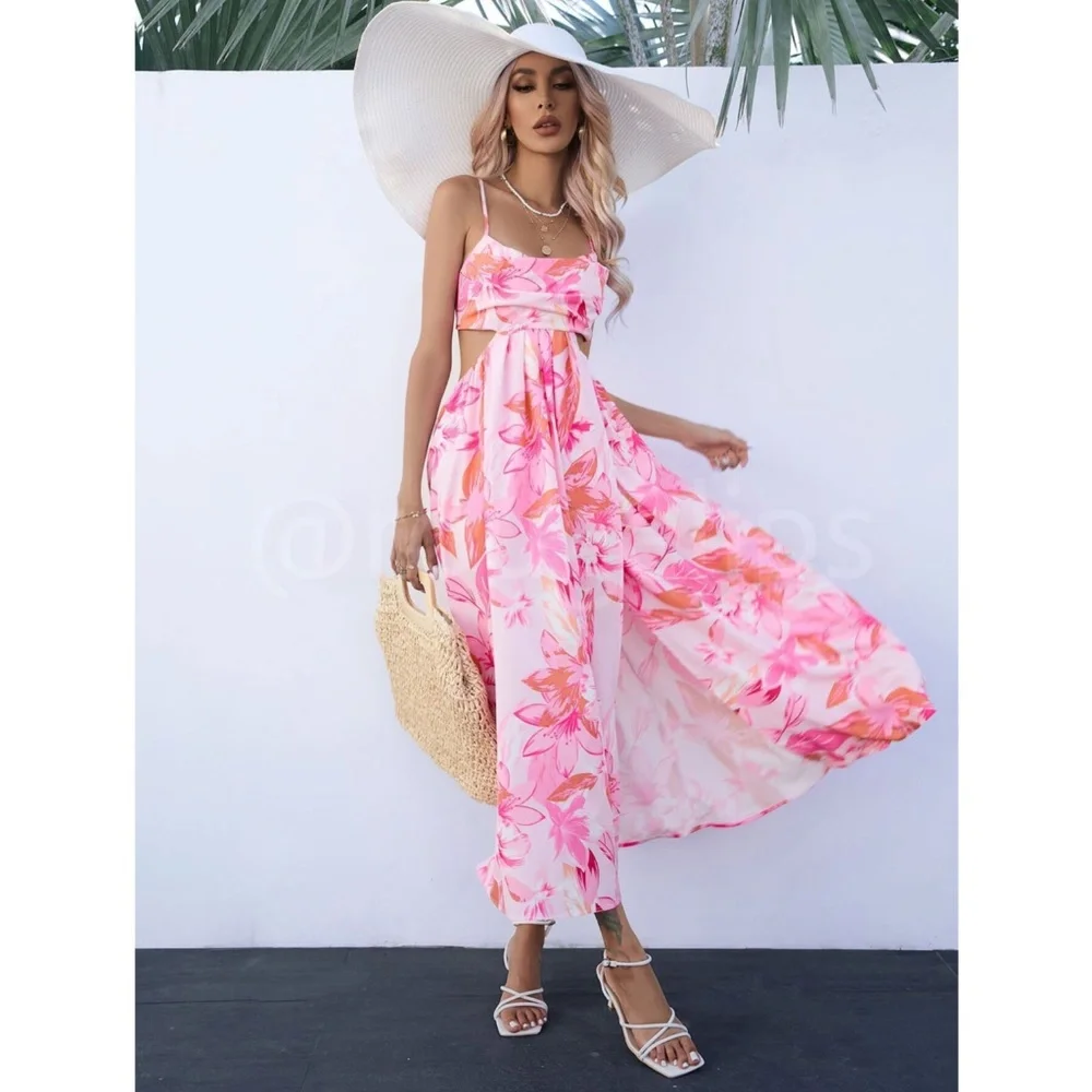 strapless open back dress Pink Floral Smocked Front Tie Cutout Maxi Dress – The Prissy Pelican main image 1